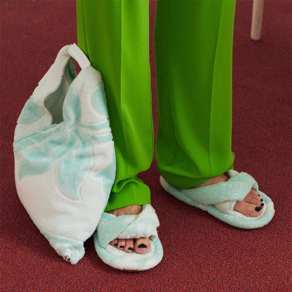 light green slippers and bag