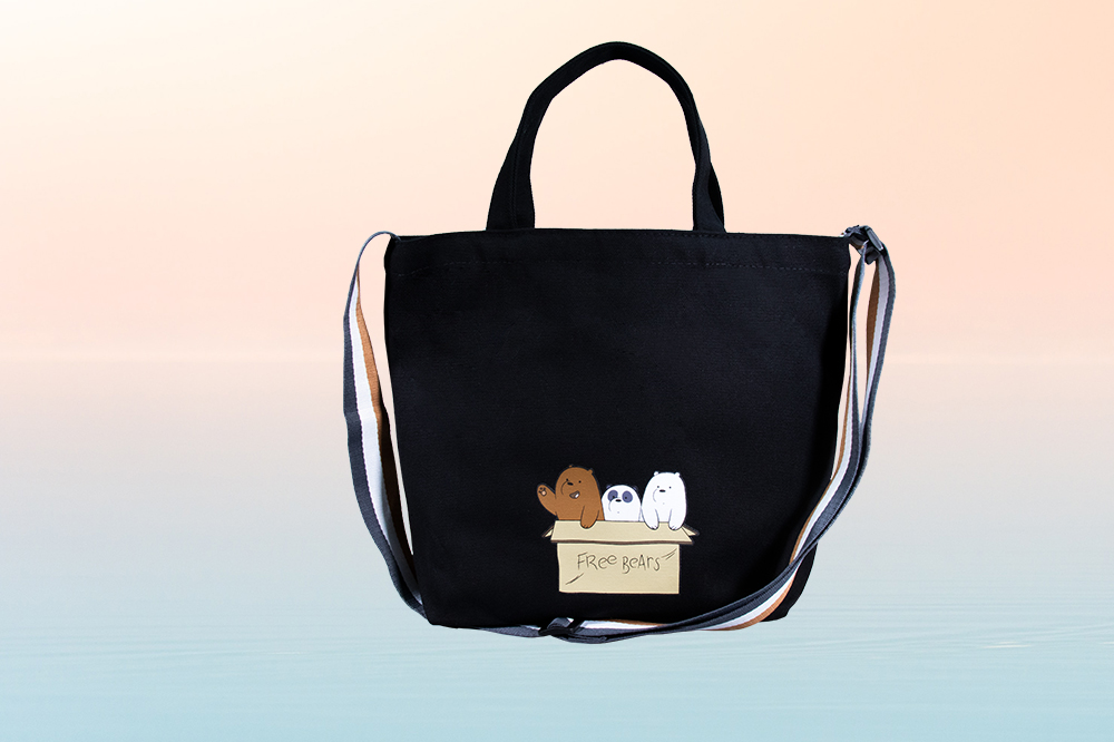 Miniso ice bear we bare bears black tote bag, Women's Fashion