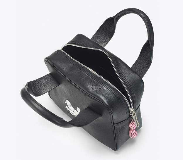 inside and side view of black handbag