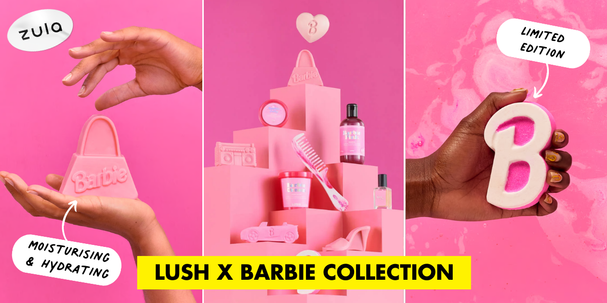 The New LUSH x Barbie Collection Has Soaps, Body Scrubs & Perfume For A “Barbie-licious” Spa Day