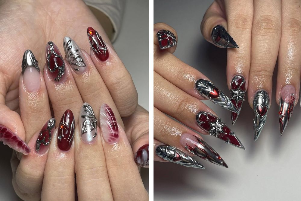 cny nails- red silver